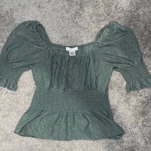 Urban Outfitters Olive Eyelet Smocked Blouse